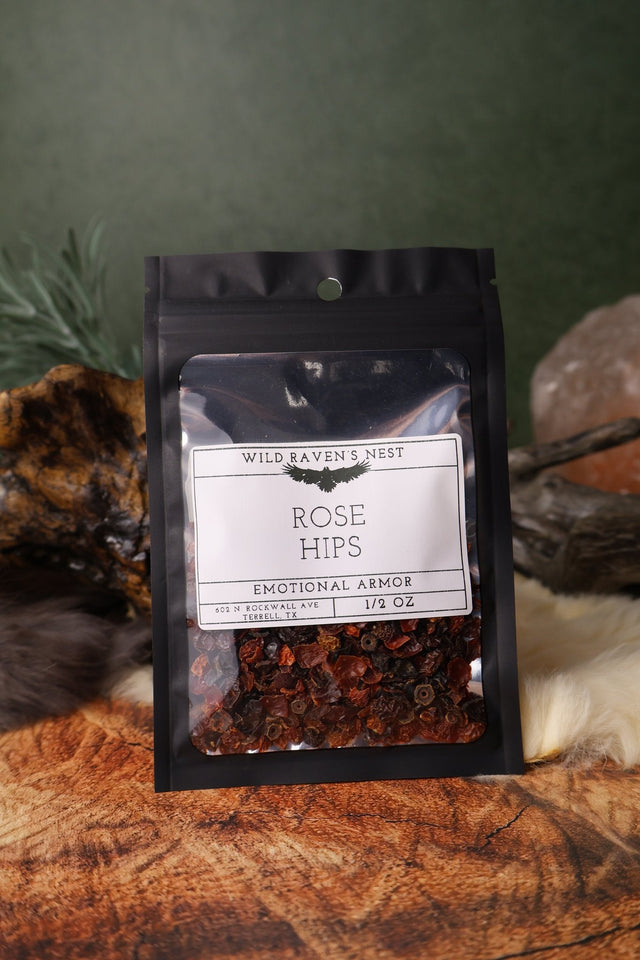 Rose Hips dried herb in a 1/2 oz Wild Raven's Nest bag, Emotional Armor