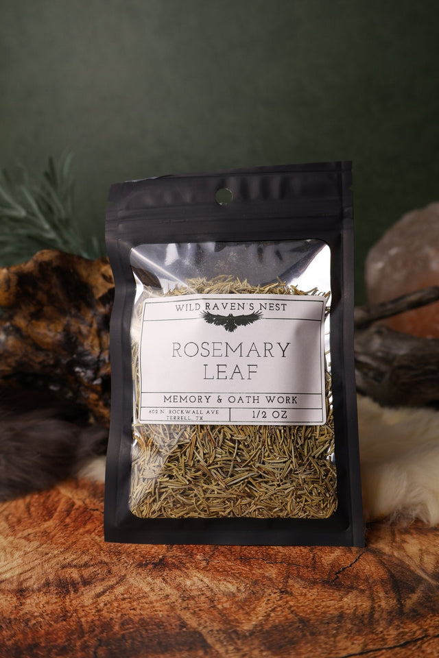 Rosemary Leaf dried herb in a 1/2 oz Wild Raven's Nest bag, Memory & Oath Work
