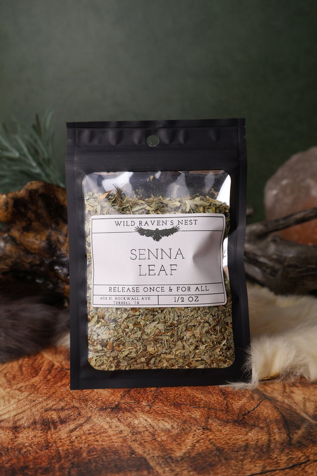 Senna Leaf dried herb in a 1/2 oz Wild Raven's Nest bag, Release Once & For All