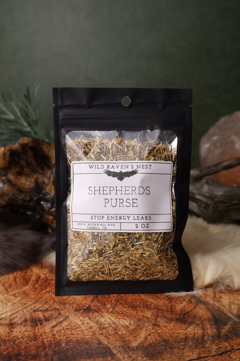 Shepherd's Purse dried herb in a 2 oz Wild Raven's Nest bag, Stop Energy Leaks