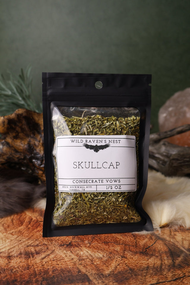 Skullcap dried herb in a 1/2 oz Wild Raven's Nest bag, Consecrate Vows
