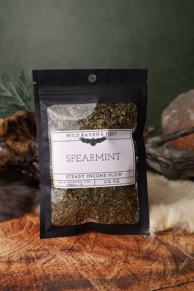 Spearmint dried herb in a 1/2 oz Wild Raven's Nest bag, Steady Income Flow