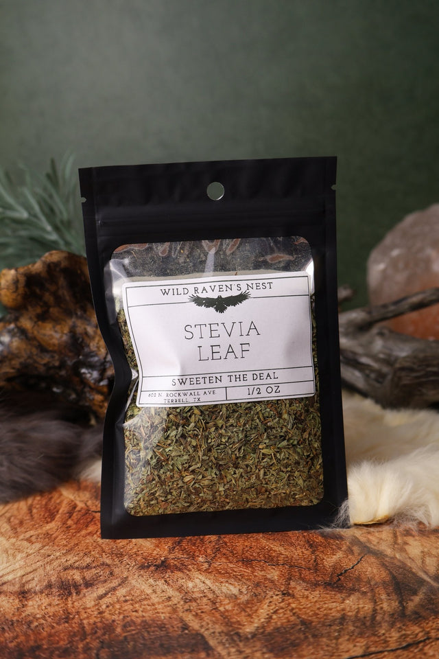 Stevia Leaf dried herb in a 1/2 oz Wild Raven's Nest bag, Sweeten the Deal