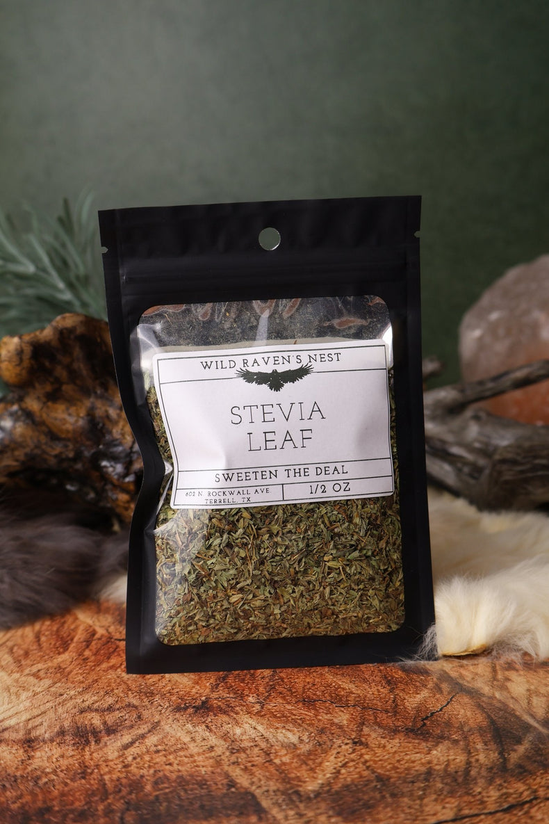 Stevia Leaf dried herb in a 1/2 oz Wild Raven's Nest bag, Sweeten the Deal
