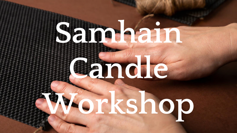 Two hands resting on a black honeycomb mat with Samhain Candle Workshop text overlay