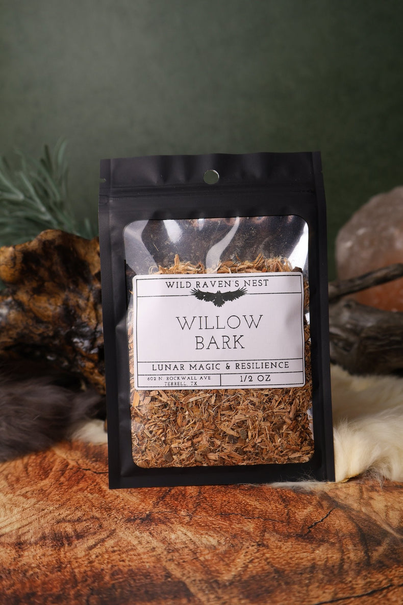 Willow Bark dried herb in a 1/2 oz Wild Raven's Nest bag, Lunar Magic & Resilience