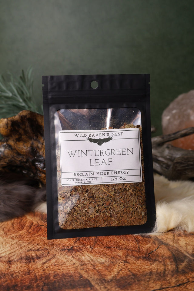 Wintergreen Leaf dried herb in a 1/2 oz Wild Raven's Nest bag, Reclaim Your Energy
