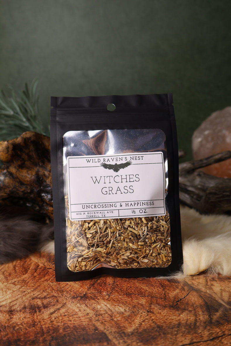 Witches Grass dried herb in a 1/2 oz Wild Raven's Nest bag, Uncrossing & Happiness