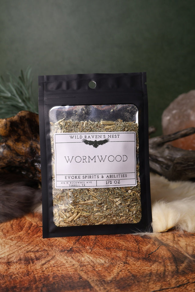 Wormwood dried herb in a 1/2 oz Wild Raven's Nest bag, Evoke Spirits & Abilities