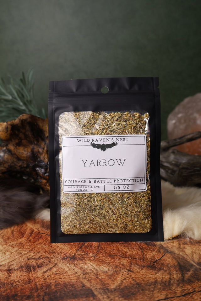 Yarrow dried herb in a 1/2 oz Wild Raven's Nest bag, Courage & Battle Protection