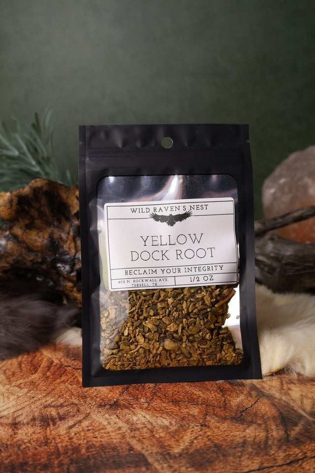 Yellow Dock Root dried herb in a 1/2 oz Wild Raven's Nest bag, Reclaim Your Integrity