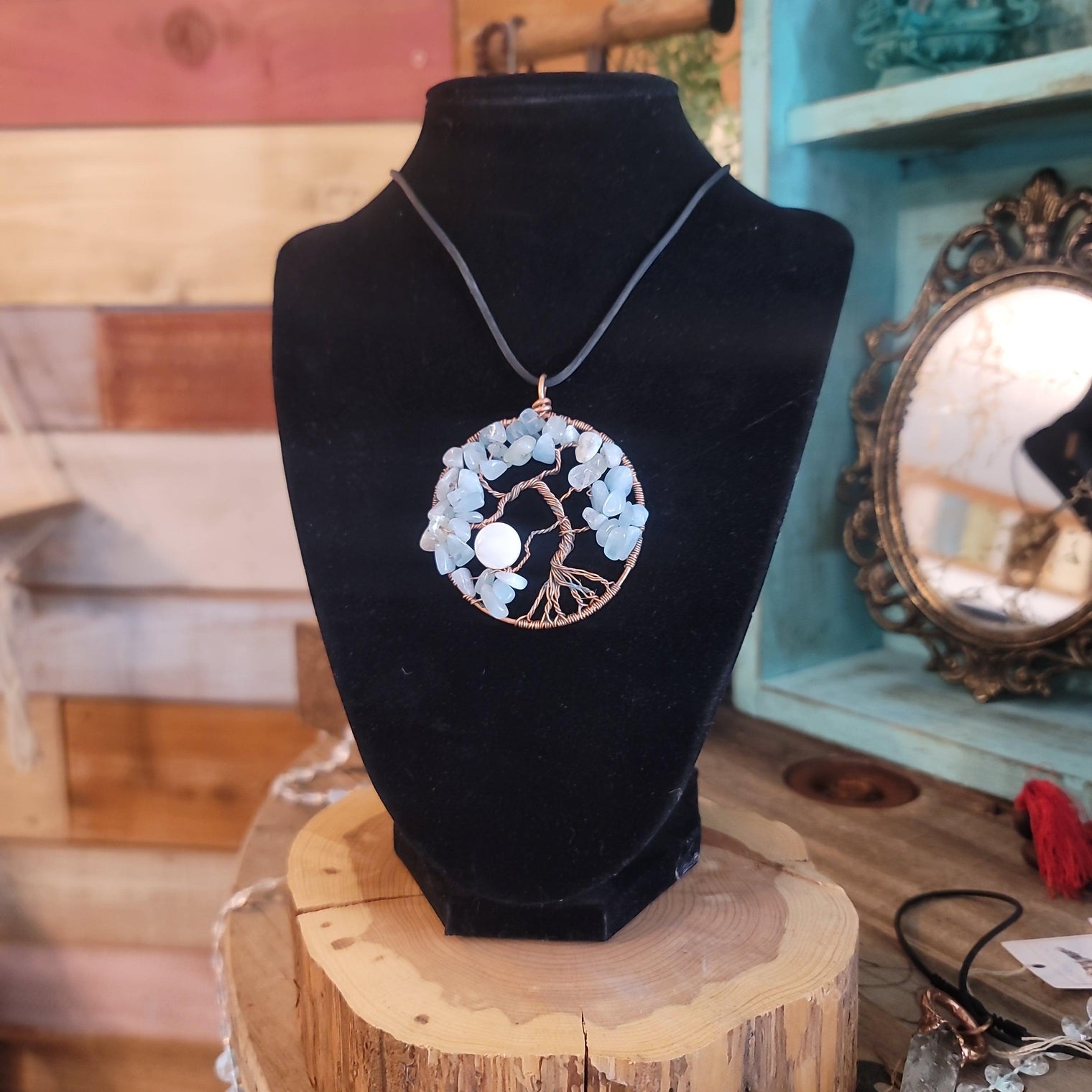 Aquamarine/Abalone Copper Woven Pendant - Wild Raven