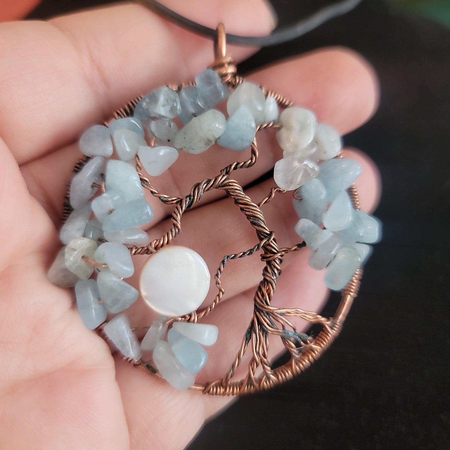 Aquamarine/Abalone Copper Woven Pendant - Wild Raven